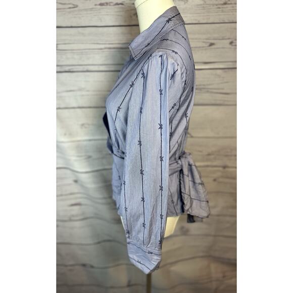 Talbots 10P 100% Cotton Novelty Bow Stripe Wrap V Neck Blouse - Picture 3 of 6